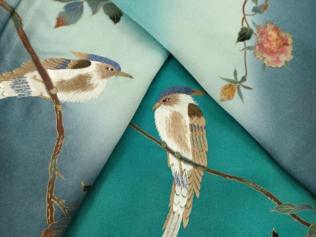 平和屋着物▽訪問着 単衣 刺繍 枝花に休み鳥 暈し染め 金彩 正絹 逸品 AABG8594ck
