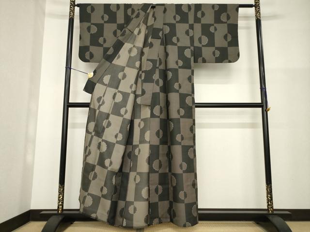 平和屋着物▽小紋　単衣　市松雪輪文　黒地　洗える着物　AABG8598ck