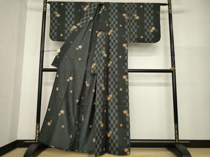 平和屋着物▽小紋 単衣 楓文 黒地 洗える着物 AABG8600ck