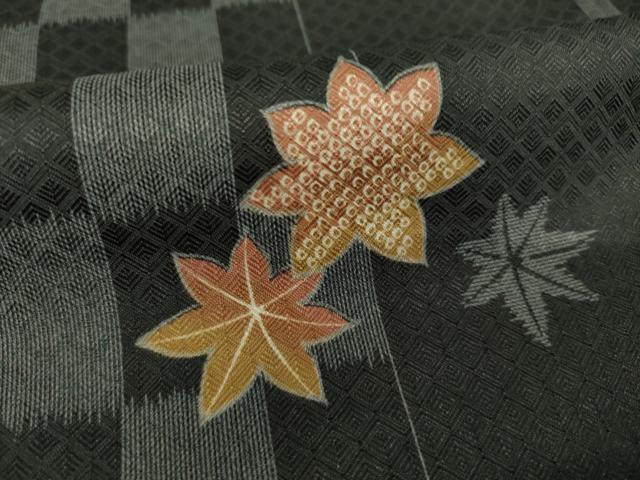 平和屋着物▽小紋 単衣 楓文 黒地 洗える着物 AABG8600ck
