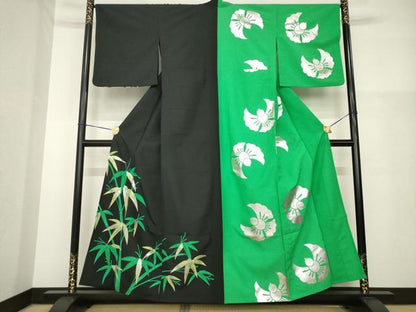 平和屋着物▽訪問着 単衣 片身替わり 笹竹文 ふくら雀 銀彩 洗える着物 AABG8606ck