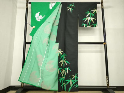 平和屋着物▽訪問着 単衣 片身替わり 笹竹文 ふくら雀 銀彩 洗える着物 AABG8606ck