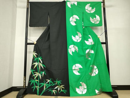 平和屋着物▽訪問着 単衣 片身替わり 笹竹文 ふくら雀 洗える着物 AABG8607ck