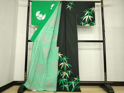 平和屋着物▽訪問着 単衣 片身替わり 笹竹文 ふくら雀 洗える着物 AABG8607ck