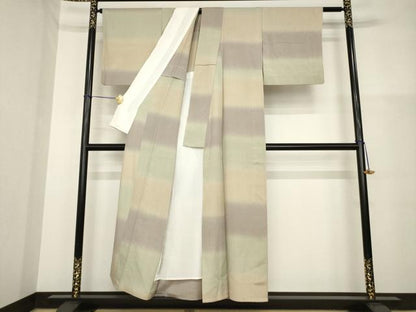 平和屋着物▽上質な紬 単衣 横段文 正絹 逸品 AABG8610ck