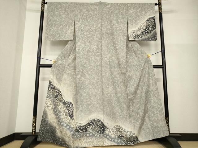 平和屋着物▽訪問着 単衣 紬地 型染め 道長花唐草文 正絹 逸品 AABG8613ck