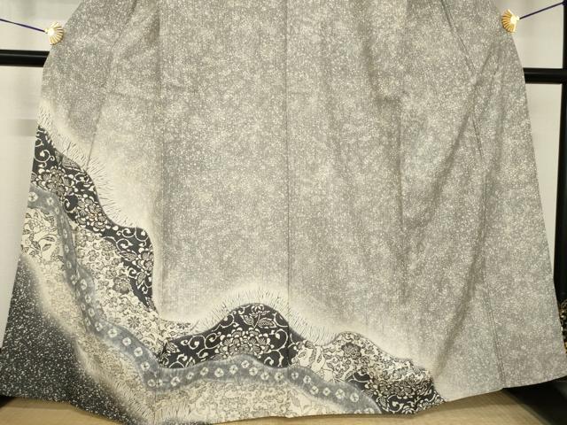 平和屋着物▽訪問着 単衣 紬地 型染め 道長花唐草文 正絹 逸品 AABG8613ck