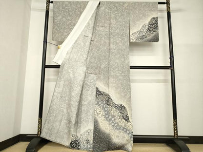 平和屋着物▽訪問着 単衣 紬地 型染め 道長花唐草文 正絹 逸品 AABG8613ck