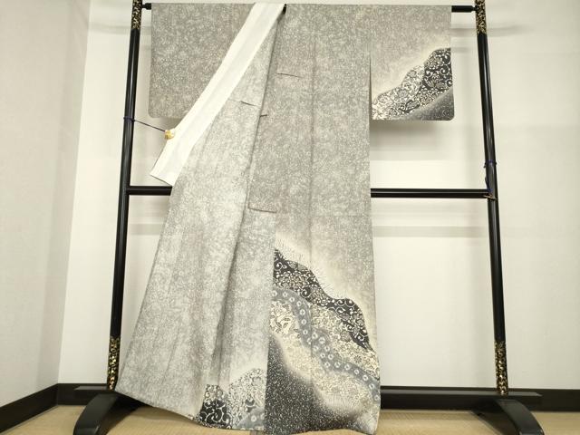 平和屋着物▽訪問着 単衣 紬地 型染め 道長花唐草文 正絹 逸品 AABG8613ck