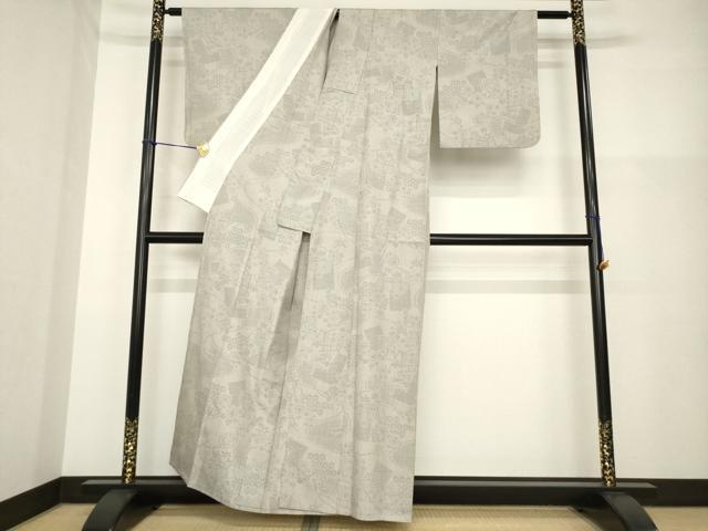平和屋着物▽結城紬　単衣　100亀甲　色紙花文　正絹　逸品　AABG8614ck