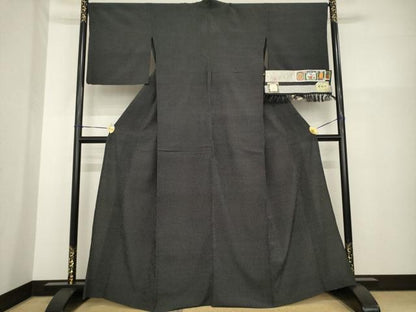 平和屋着物▽本塩沢　単衣　蚊絣　黒地　証紙付き　正絹　逸品　AABG8618ck