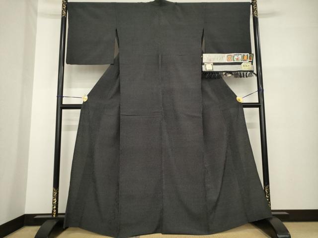 平和屋着物▽本塩沢　単衣　蚊絣　黒地　証紙付き　正絹　逸品　AABG8618ck