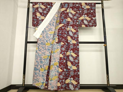 平和屋着物▽上質な小紋 単衣 紬地 花蝶唐草文 ろうけつ染 正絹 逸品 AABG8619ck