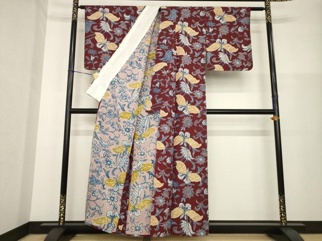 平和屋着物▽上質な小紋 単衣 紬地 花蝶唐草文 ろうけつ染 正絹 逸品 AABG8619ck