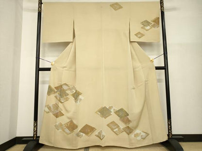 平和屋着物▽訪問着 単衣 駒刺繍 菱取松文 金彩 正絹 逸品 AABG8624ck