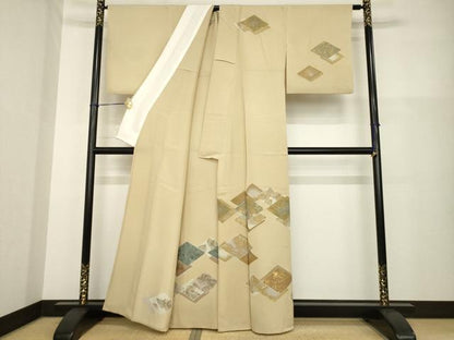 平和屋着物▽訪問着 単衣 駒刺繍 菱取松文 金彩 正絹 逸品 AABG8624ck