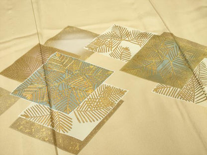 平和屋着物▽訪問着 単衣 駒刺繍 菱取松文 金彩 正絹 逸品 AABG8624ck