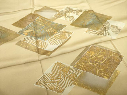 平和屋着物▽訪問着 単衣 駒刺繍 菱取松文 金彩 正絹 逸品 AABG8624ck
