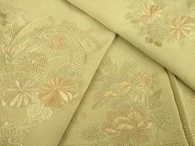 平和屋着物▽訪問着 単衣 総刺繍 中国三大刺繍 スワトウ刺繍 汕頭刺繍 流水花丸文 正絹 逸品 AABG8625ck