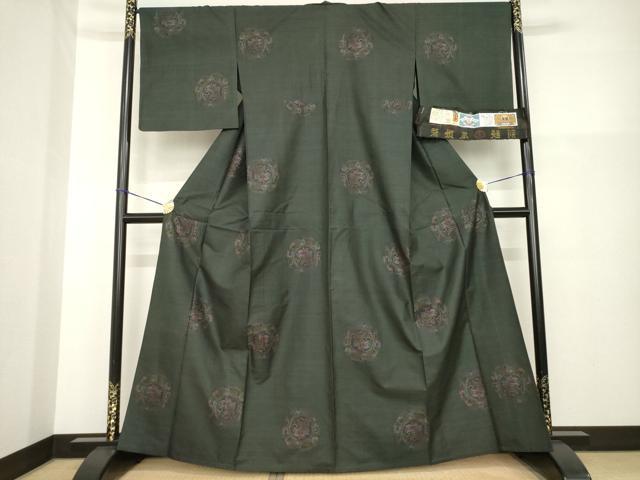 平和屋着物▽本場大島紬 単衣 純泥染め 手織り 9マルキ 雪輪花唐草文 古山絹織謹製 証紙付き 正絹 逸品 AABG8627ck