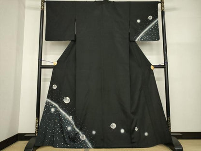 平和屋着物▽訪問着　単衣　夜空とフクロウ　暈し染め　黒地　正絹　逸品　AABG8637ck