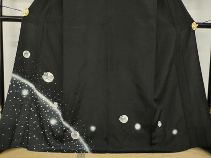 平和屋着物▽訪問着　単衣　夜空とフクロウ　暈し染め　黒地　正絹　逸品　AABG8637ck