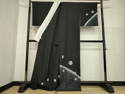 平和屋着物▽訪問着　単衣　夜空とフクロウ　暈し染め　黒地　正絹　逸品　AABG8637ck