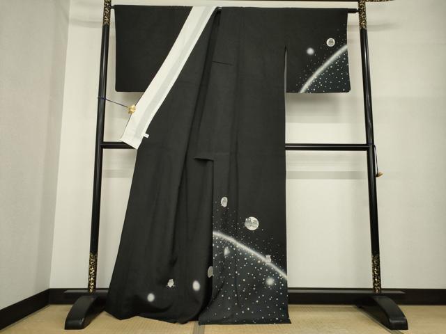 平和屋着物▽訪問着　単衣　夜空とフクロウ　暈し染め　黒地　正絹　逸品　AABG8637ck