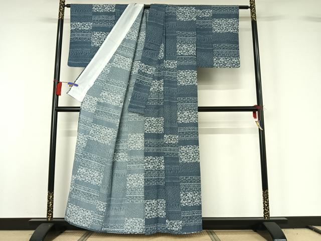 平和屋着物▽小紋 単衣 横段花文 洗える着物 AABG8652jh