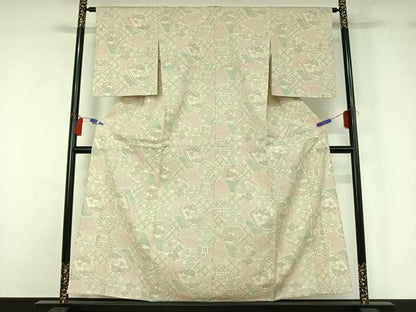 平和屋着物▽お召 単衣 吉祥花文 正絹 逸品 AABG8657jh