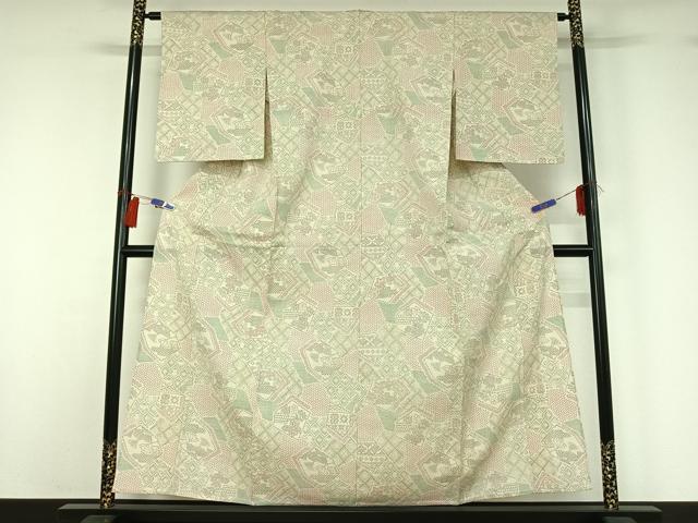 平和屋着物▽お召 単衣 吉祥花文 正絹 逸品 AABG8657jh