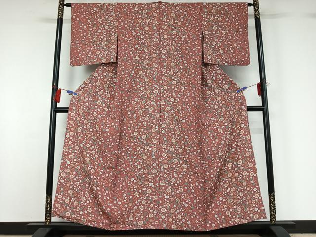平和屋着物▽上質な小紋 単衣 手描き 更紗花文 正絹 逸品 AABG8659jh