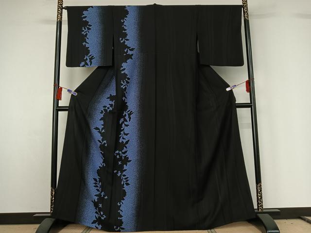 平和屋着物▽訪問着　単衣　片身替わり　草花文　黒地　正絹　逸品　AABG8672jh