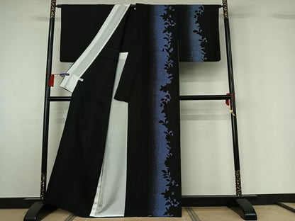 平和屋着物▽訪問着　単衣　片身替わり　草花文　黒地　正絹　逸品　AABG8672jh