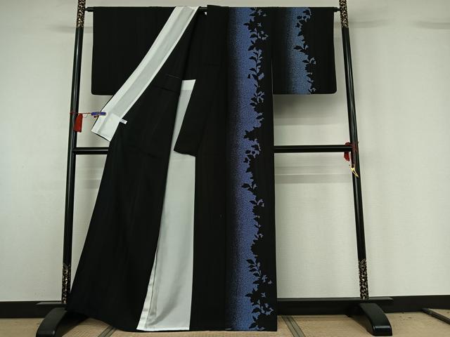 平和屋着物▽訪問着　単衣　片身替わり　草花文　黒地　正絹　逸品　AABG8672jh