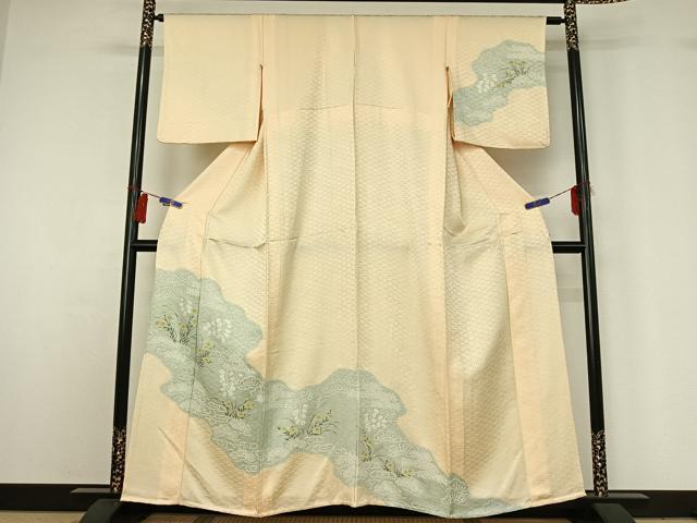 平和屋着物▽訪問着 単衣 手描き 絞り 流水花文 正絹 逸品 AABG8673jh