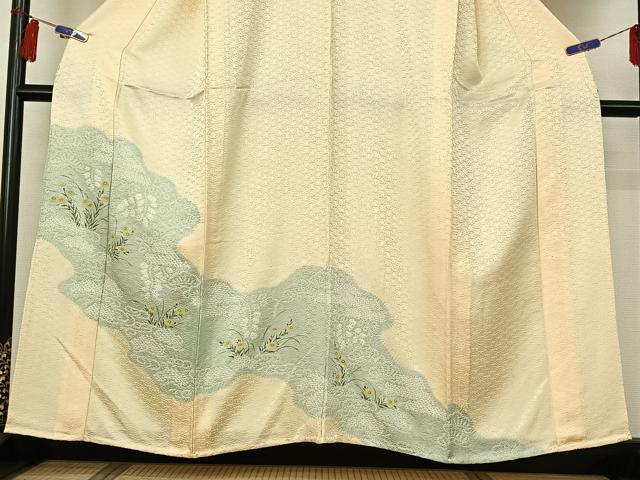平和屋着物▽訪問着 単衣 手描き 絞り 流水花文 正絹 逸品 AABG8673jh