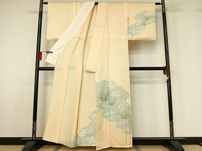 平和屋着物▽訪問着 単衣 手描き 絞り 流水花文 正絹 逸品 AABG8673jh