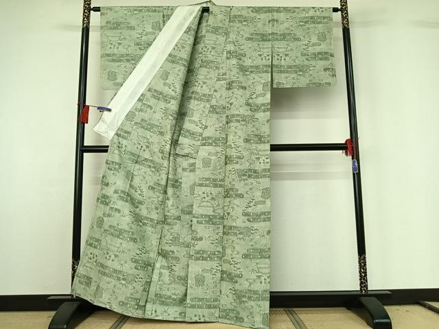 平和屋着物▽上質な紬 単衣 花籬文 正絹 逸品 AABG8675jh