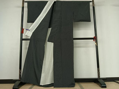 平和屋着物▽本塩沢 単衣 やまだ織 格子 証紙付き 正絹 逸品 AABG8678jh
