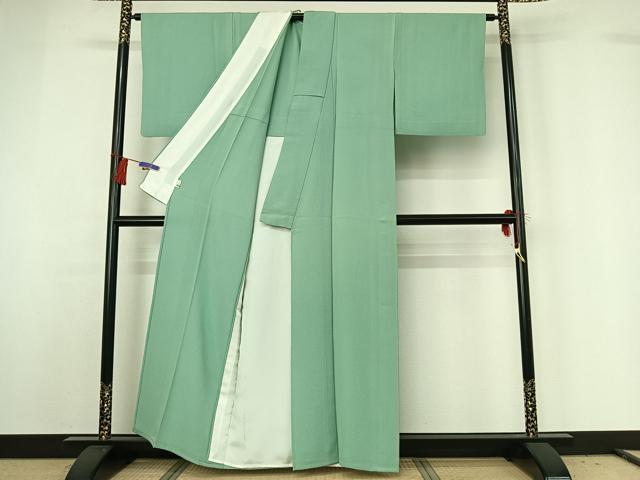 平和屋着物▽上質な色無地 単衣 薄萌葱色 鬼しぼ縮緬 正絹 逸品 AABG8683jh
