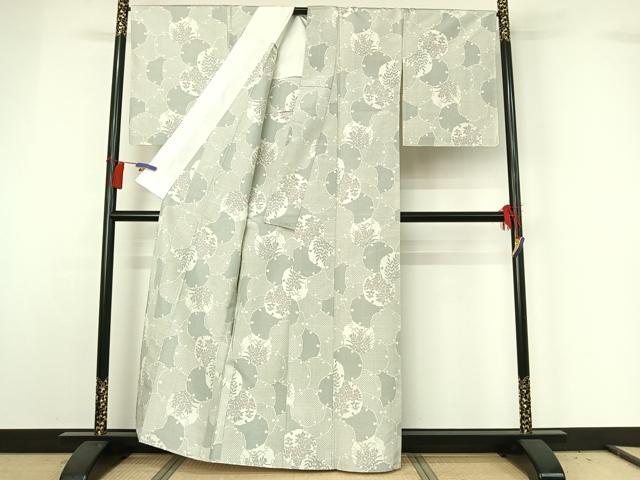 平和屋着物▽上質な紬 単衣 雪輪花文 正絹 逸品 AABG8690jh