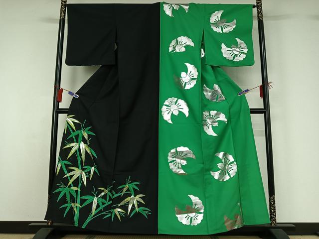 平和屋着物▽訪問着 単衣 片身替わり 笹竹文 福良雀 銀彩 洗える着物 AABG8697jh