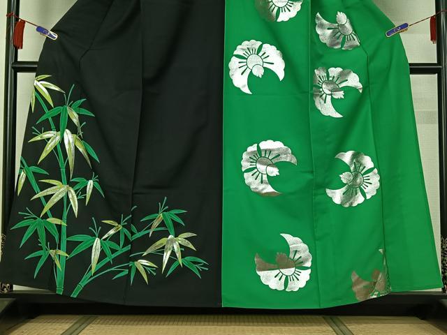 平和屋着物▽訪問着 単衣 片身替わり 笹竹文 福良雀 銀彩 洗える着物 AABG8697jh