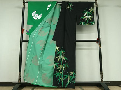 平和屋着物▽訪問着 単衣 片身替わり 笹竹文 福良雀 銀彩 洗える着物 AABG8697jh