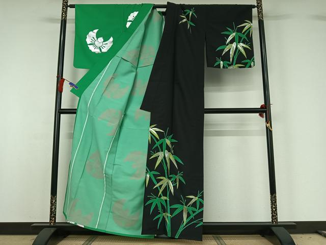 平和屋着物▽訪問着 単衣 片身替わり 笹竹文 福良雀 銀彩 洗える着物 AABG8697jh