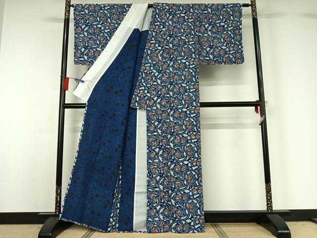 平和屋着物▽小紋 単衣 花唐草文 洗える着物 AABG8698jh