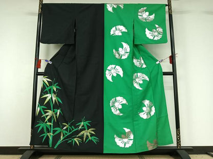 平和屋着物▽訪問着 単衣 片身替わり 笹竹文 福良雀 銀彩 洗える着物 AABG8702jh