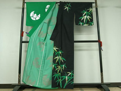 平和屋着物▽訪問着 単衣 片身替わり 笹竹文 福良雀 銀彩 洗える着物 AABG8702jh