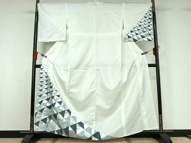 平和屋着物▽訪問着 単衣 幾何学文様 銀彩 洗える着物 AABG8704jh